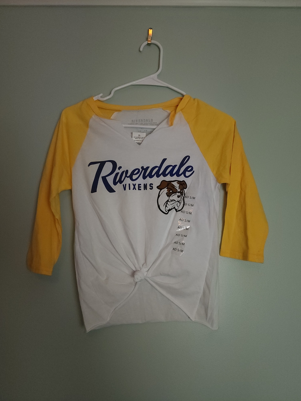 Riverdale Vixens White & Yellow Raglan Tee with Front Knot